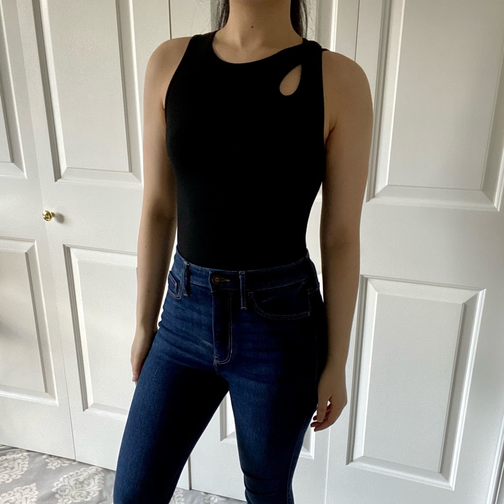 ALONGSIDE - Black Ribbed Basic Tank Top Bodysuit With Front Cut Out Criss Cross